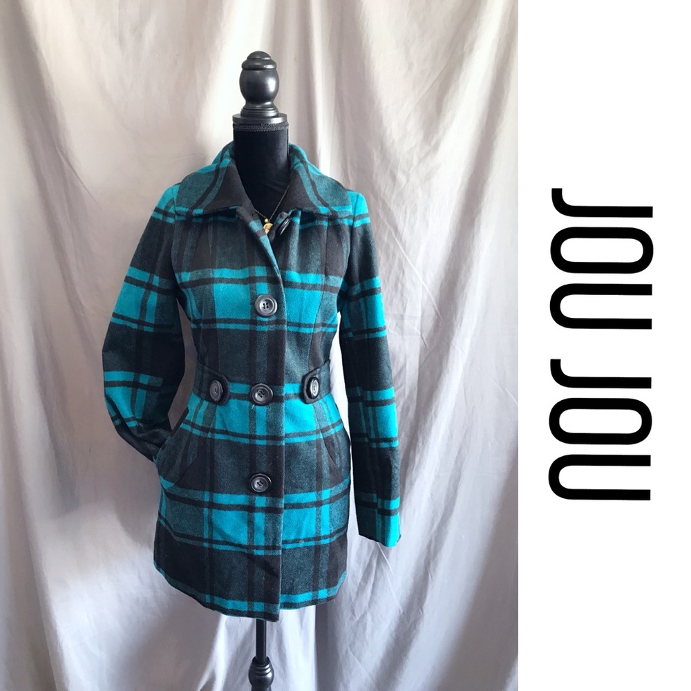 Jou Jou Teal & Black Plaid Women's Peacoat